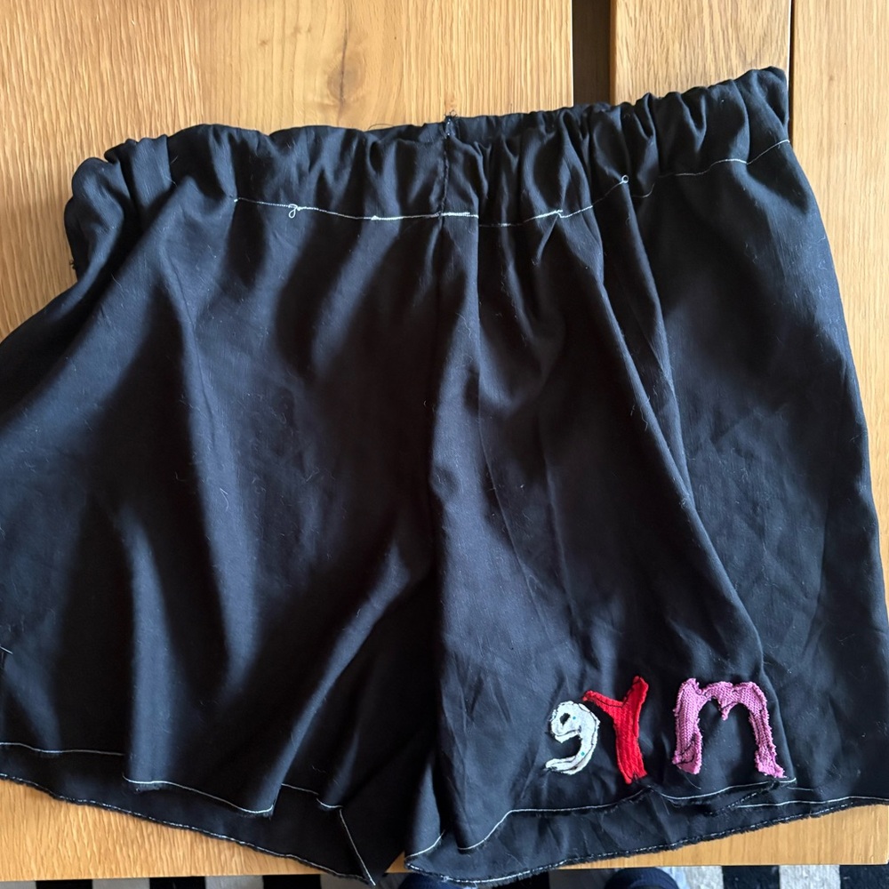 Vintage Style Handmade summer “gym” shorts with handsewn letters spelling “gym”